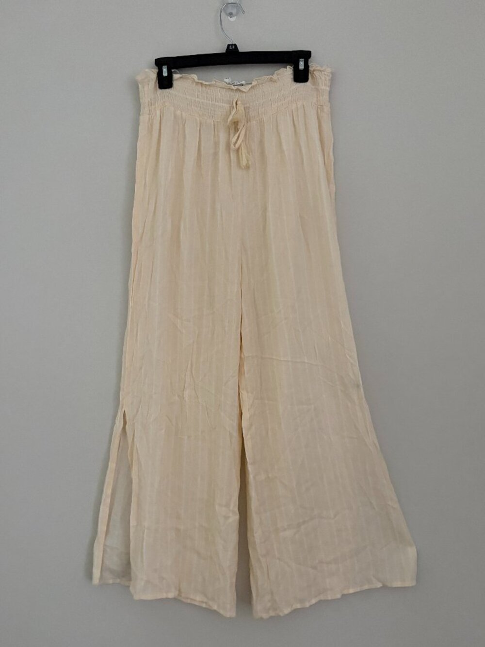 Salty Lemon Oyster Cream Wide Leg Gauze Pants Smocked Side Slit Boho Coastal L
